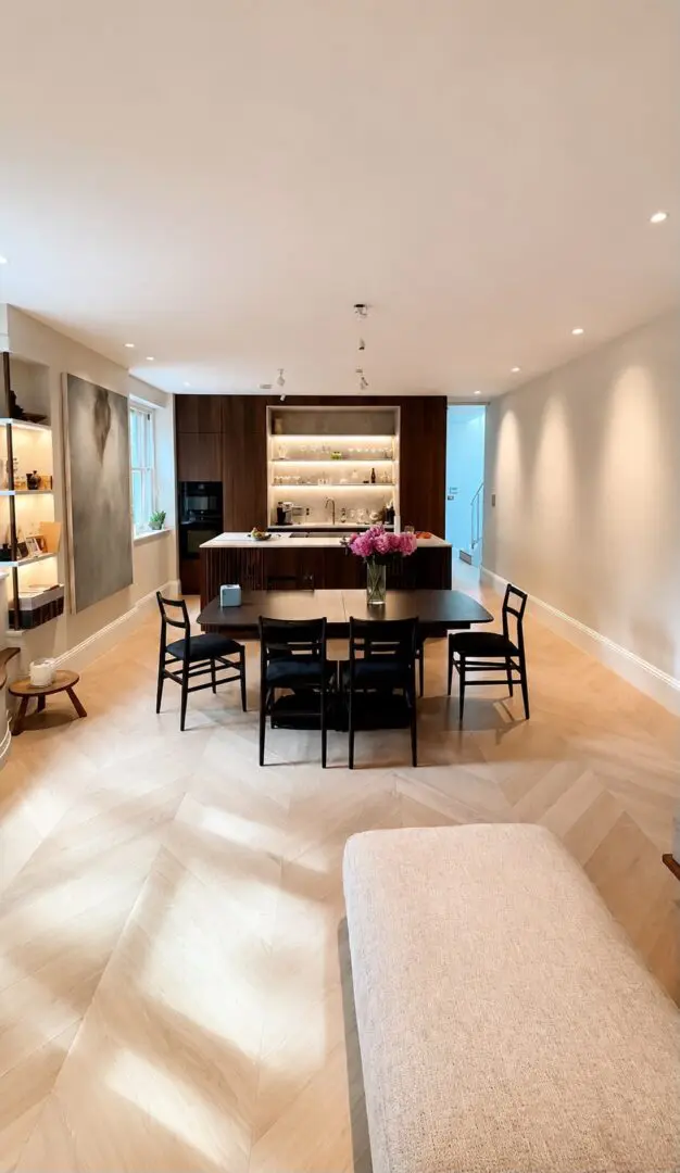 Dining room with a table and chairs in it, a flower vase on the table, a bench, a desk