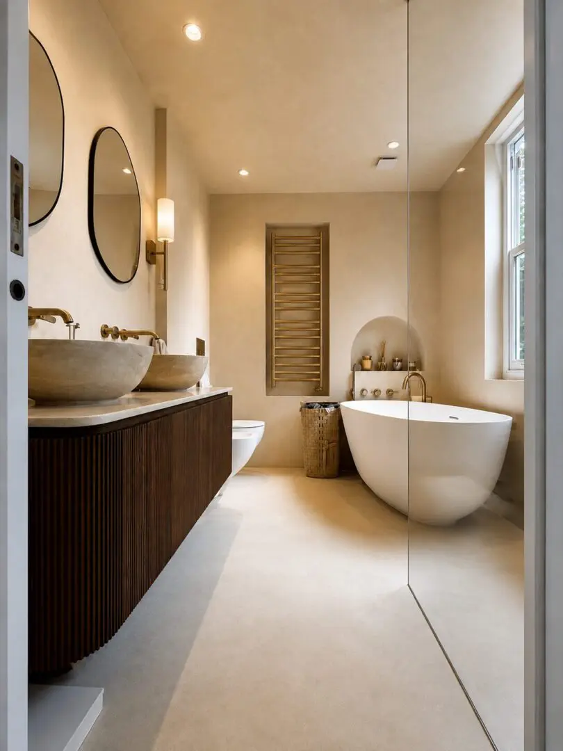 Warm-toned modern bathroom with natural accents