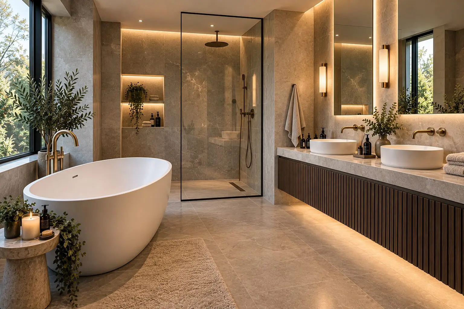 Luxurious bathroom with two sinks, a large bathtub, a walk-in shower, a glass door, a carpeted floor, a table