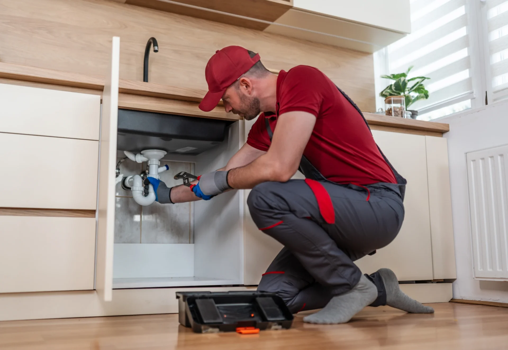 Plumber fixing kitchen sink pipe