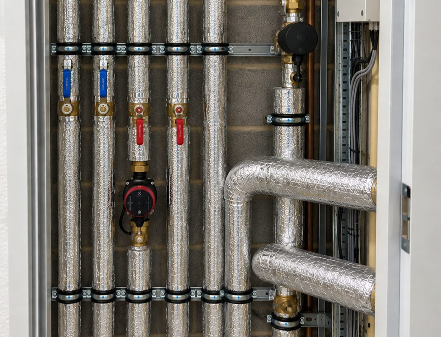 Close up of a boiler with pipes and valves, as well as a meter