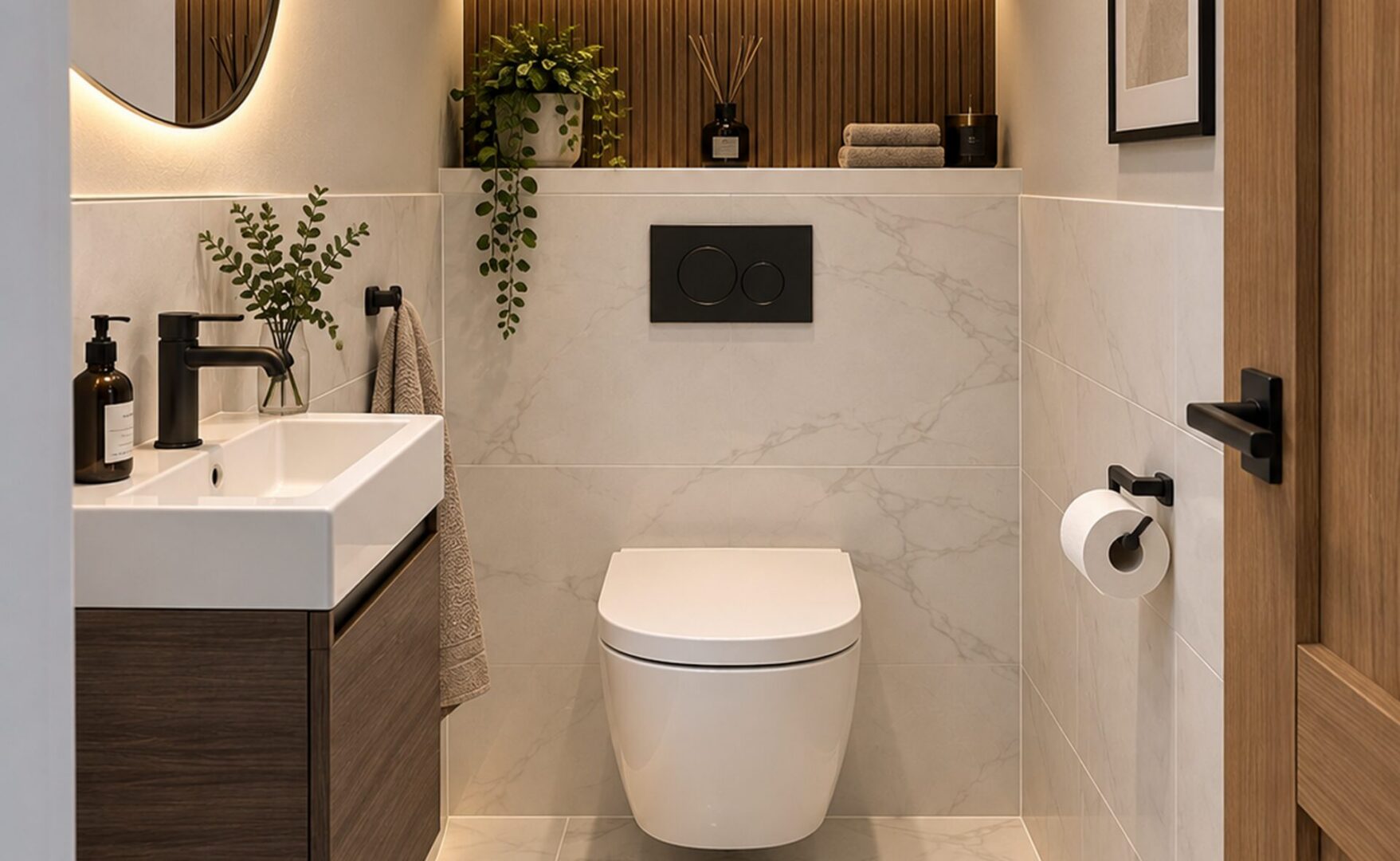 Bathroom with a toilet, sink, mirror, toilet paper roll, door, frame, plant, towels, and other objects