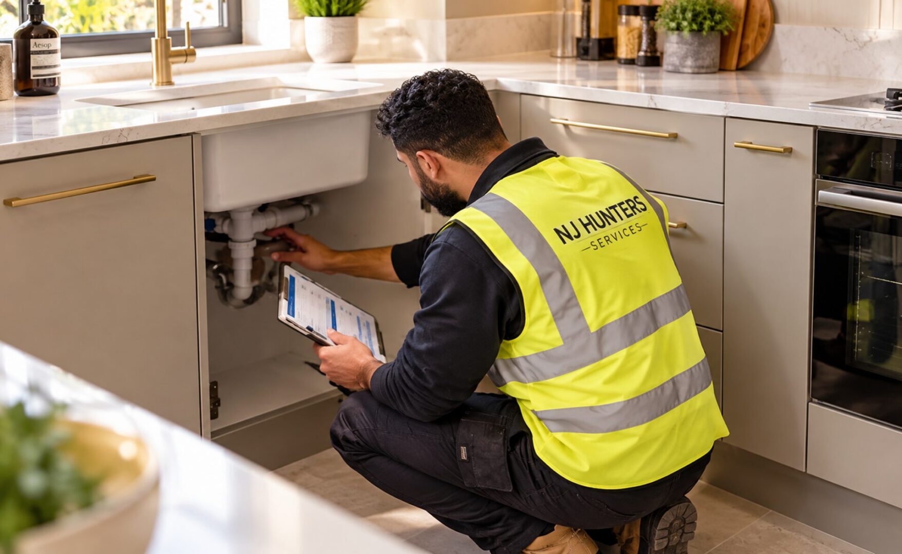Plumber in a kitchen, holding a tablet and looking at it intently