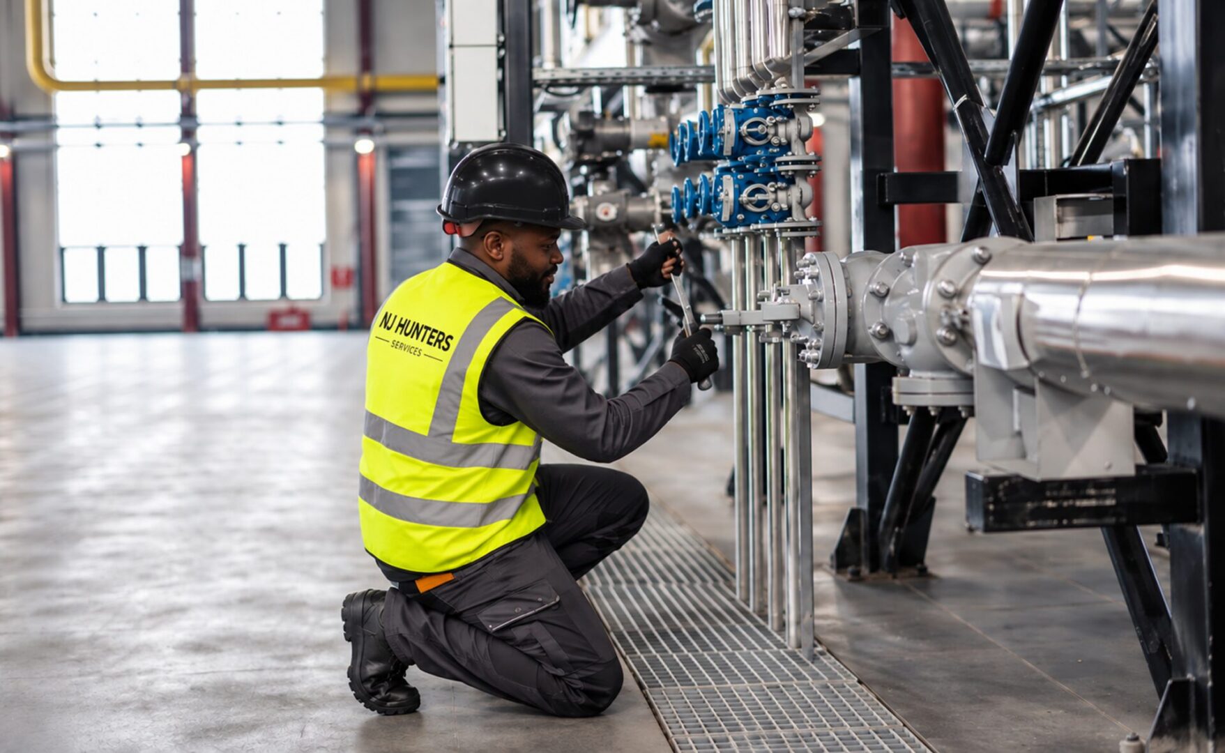 Man in a yellow vest and black helmet kneeling down next to a large machine