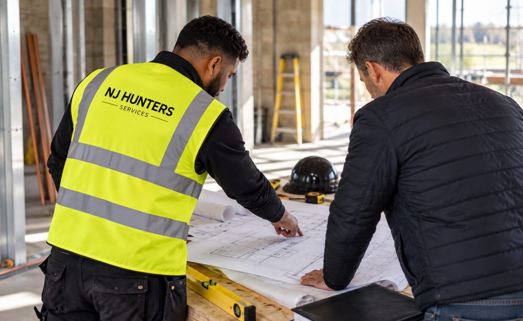 Two men in safety vests looking at blueprints on a construction site